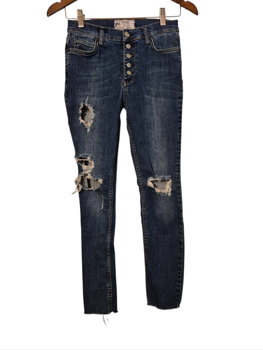 Free People Dark Blue Distressed High-Rise Skinny Raw Hem Jeans 26